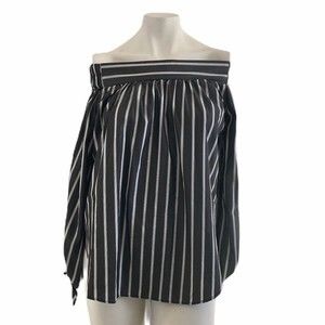 Vizio Elastic Off Shoulder Grey White Stripes Long Sleeve Top Medium High-Low